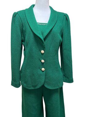 St. John Evening 3-piece Emerald Green Knit Pant Suit w/ Blazer, Rhinestones Med